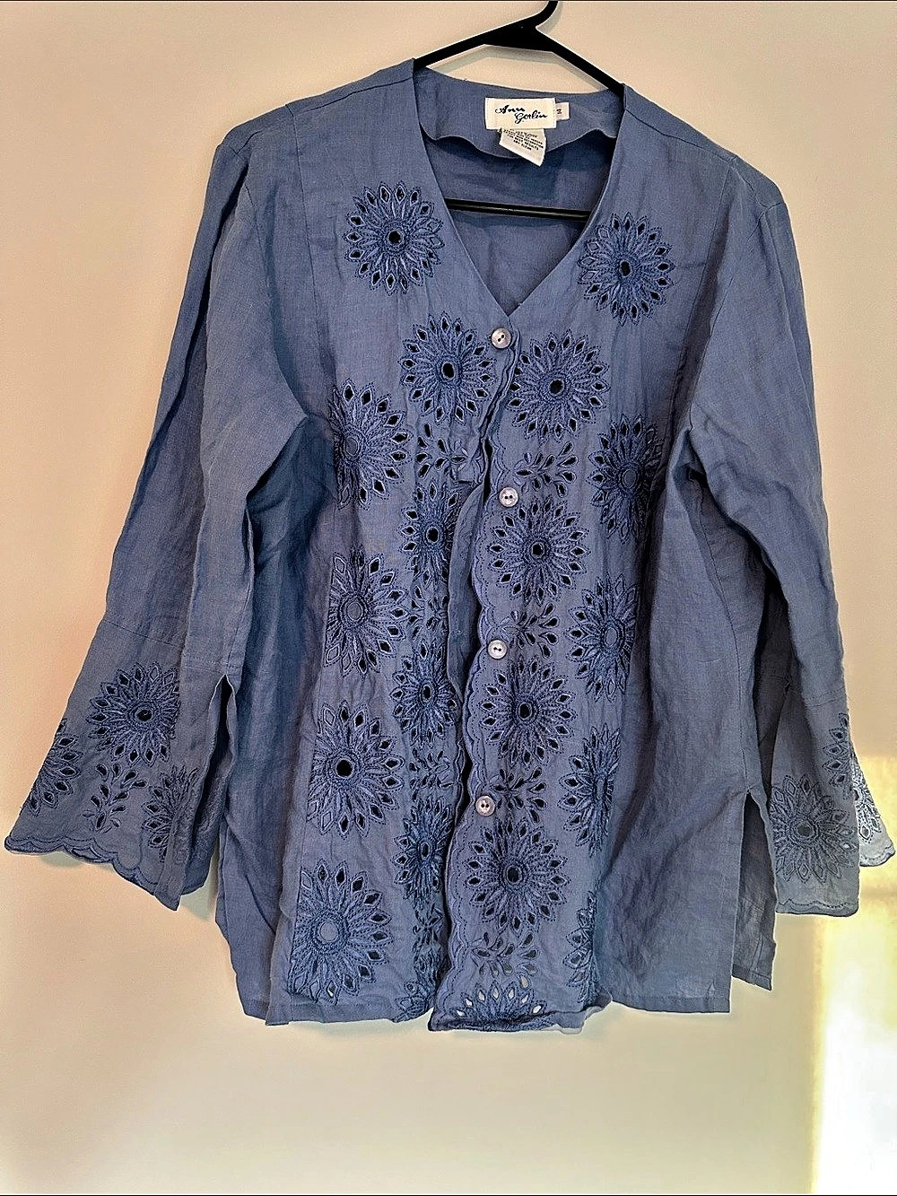 Anna Gerlin Embroidered Linen Tunic in Blue Size 14 Like New